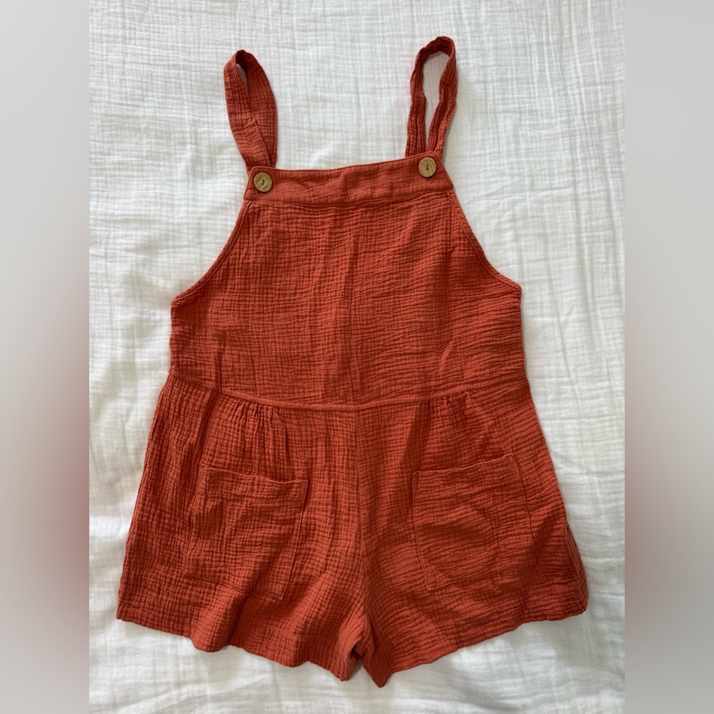 Loose-Fit Rust Gauze Cotton Overall Romper